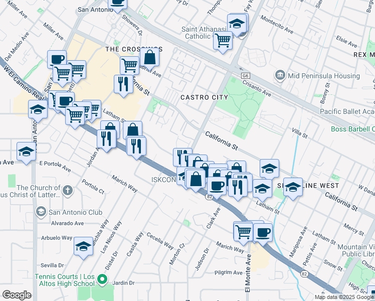 map of restaurants, bars, coffee shops, grocery stores, and more near 574 South Rengstorff Avenue in Mountain View