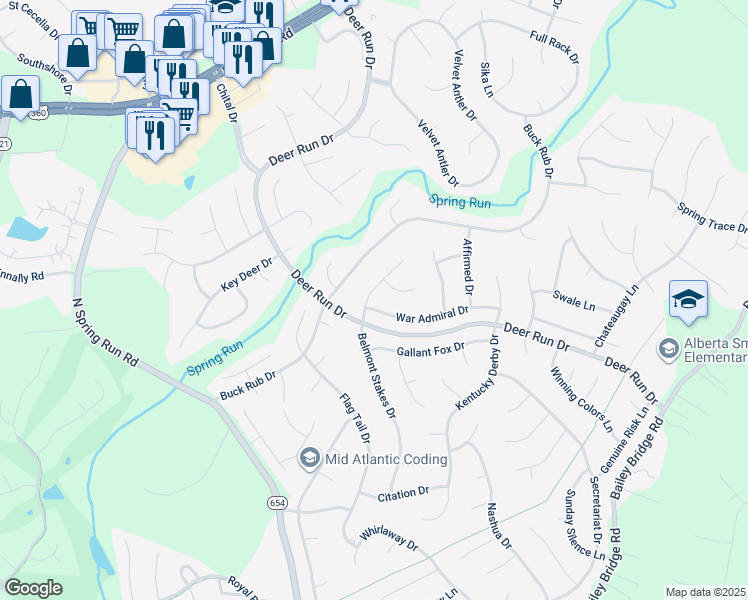 map of restaurants, bars, coffee shops, grocery stores, and more near 13930 War Admiral Drive in Midlothian