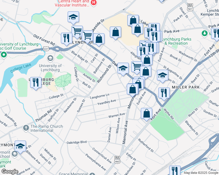 map of restaurants, bars, coffee shops, grocery stores, and more near 216 McWane Circle in Lynchburg