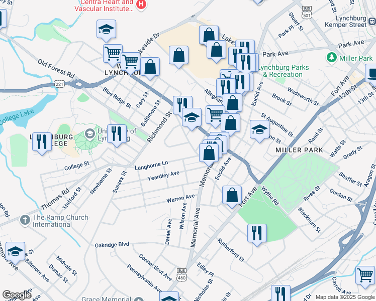 map of restaurants, bars, coffee shops, grocery stores, and more near 110 Langhorne Ln in Lynchburg