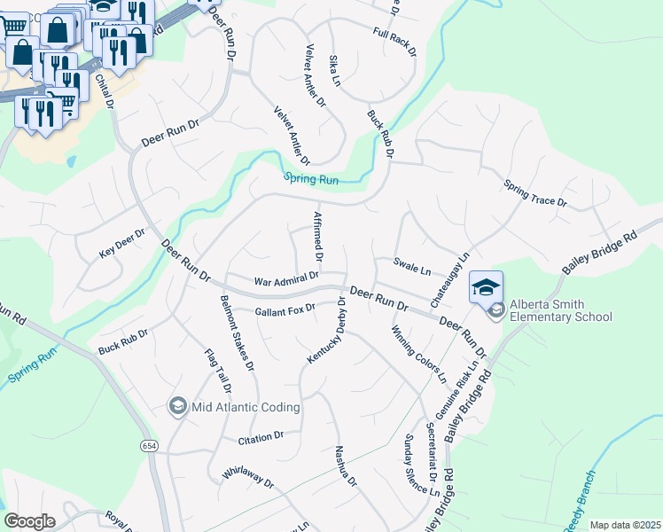 map of restaurants, bars, coffee shops, grocery stores, and more near 13706 War Admiral Drive in Midlothian
