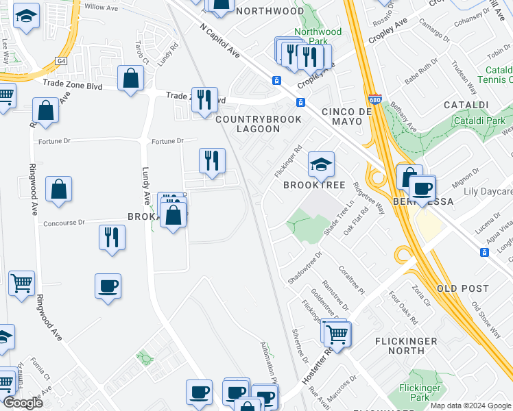 map of restaurants, bars, coffee shops, grocery stores, and more near 1710 Flickinger Court in San Jose