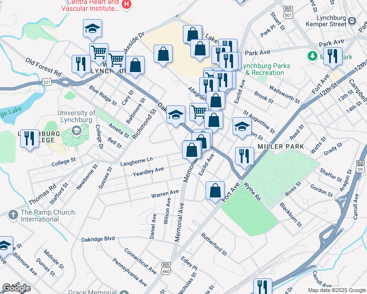 map of restaurants, bars, coffee shops, grocery stores, and more near 702 Eldon Street in Lynchburg