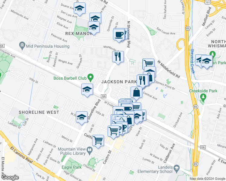 map of restaurants, bars, coffee shops, grocery stores, and more near 936 Washington Street in Mountain View