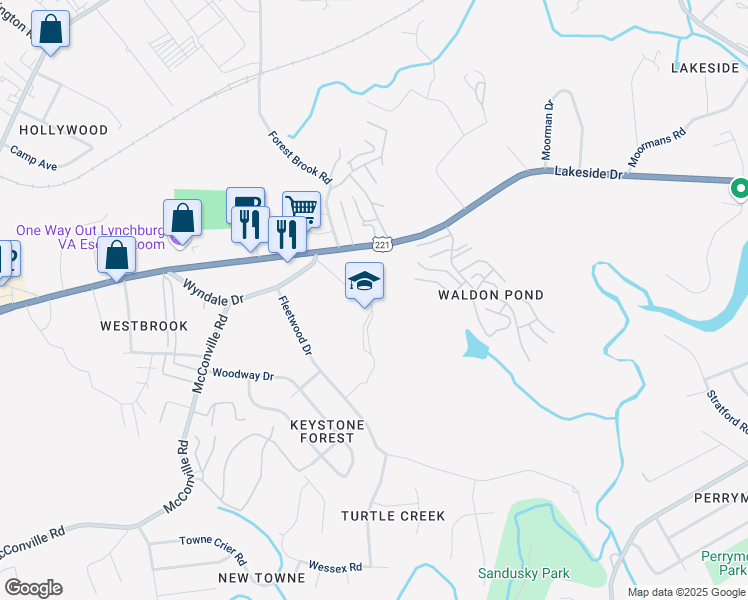 map of restaurants, bars, coffee shops, grocery stores, and more near 99 Wyndale Drive in Lynchburg