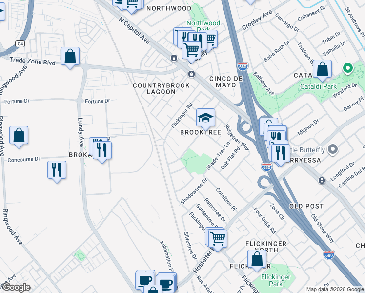 map of restaurants, bars, coffee shops, grocery stores, and more near 1818 Libretto Court in San Jose