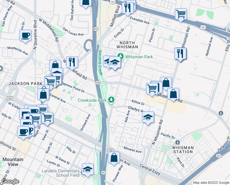 map of restaurants, bars, coffee shops, grocery stores, and more near 280 Easy Street in Mountain View