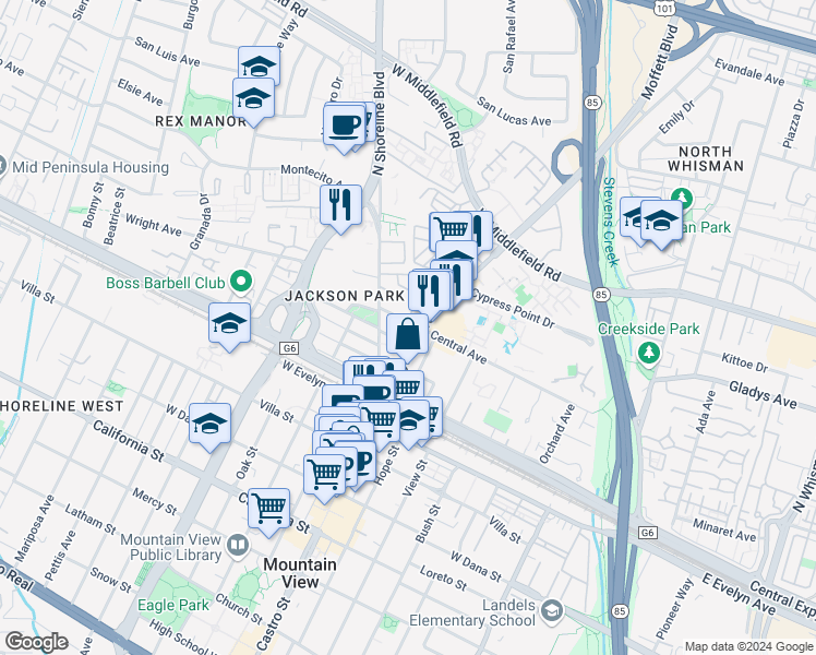map of restaurants, bars, coffee shops, grocery stores, and more near 877 Central Avenue in Mountain View