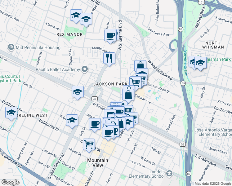 map of restaurants, bars, coffee shops, grocery stores, and more near 875 Jackson Street in Mountain View