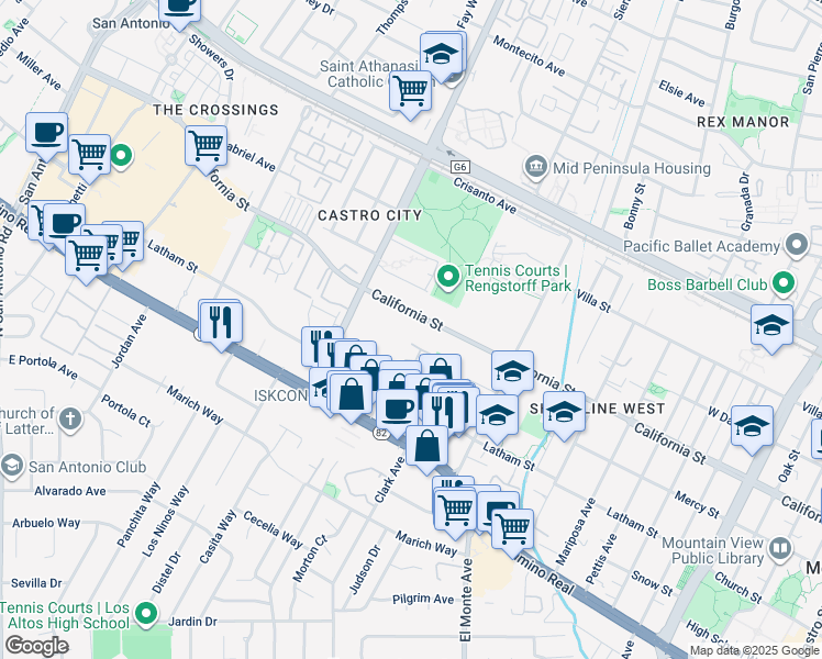 map of restaurants, bars, coffee shops, grocery stores, and more near 2025 California Street in Mountain View