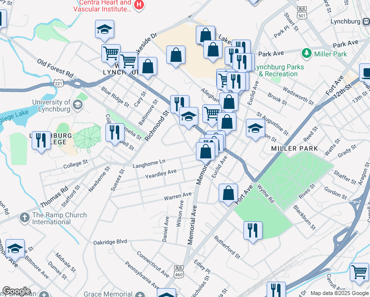 map of restaurants, bars, coffee shops, grocery stores, and more near 110 Langhorne Lane in Lynchburg