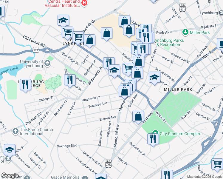 map of restaurants, bars, coffee shops, grocery stores, and more near 110 Langhorne Lane in Lynchburg