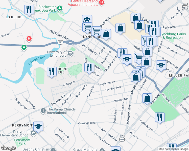 map of restaurants, bars, coffee shops, grocery stores, and more near 304 Bell Street in Lynchburg