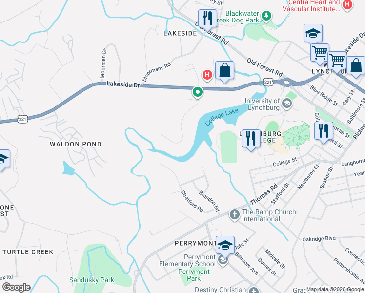 map of restaurants, bars, coffee shops, grocery stores, and more near 3820 Faculty Drive in Lynchburg