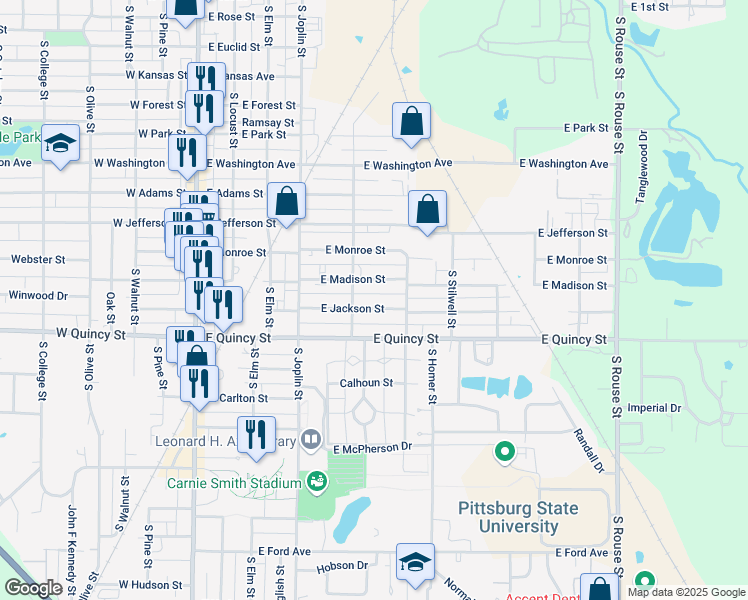 map of restaurants, bars, coffee shops, grocery stores, and more near 1101-1103 South Smelter Street in Pittsburg
