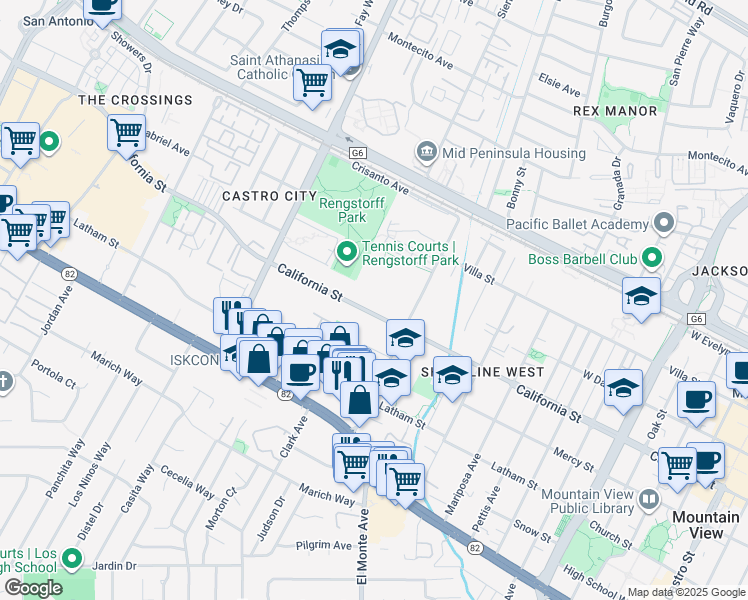 map of restaurants, bars, coffee shops, grocery stores, and more near 1940 California Street in Mountain View