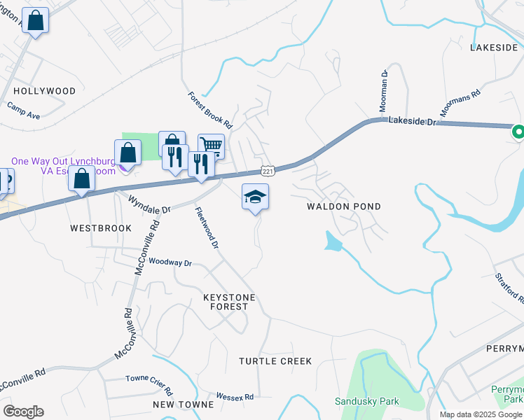 map of restaurants, bars, coffee shops, grocery stores, and more near 99 Wyndale Drive in Lynchburg