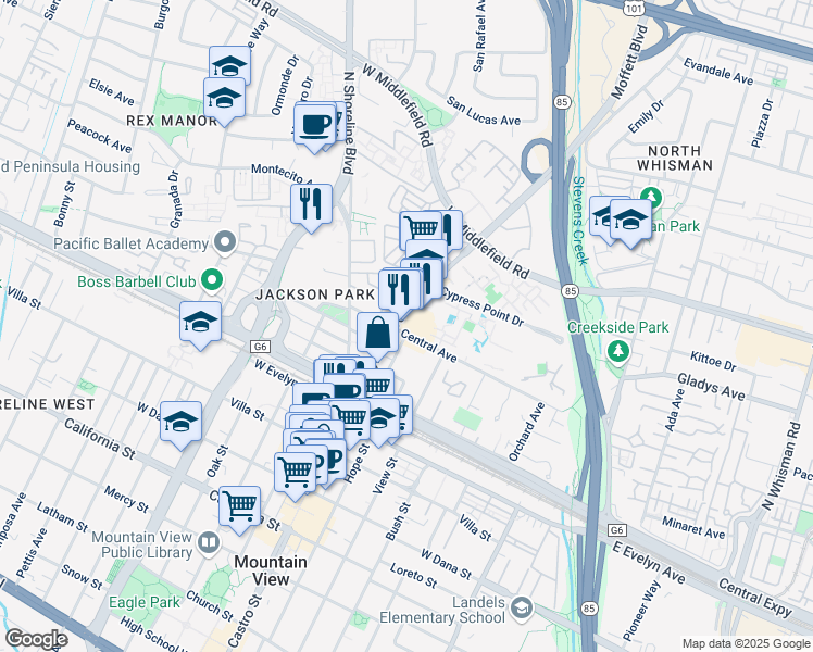 map of restaurants, bars, coffee shops, grocery stores, and more near 311a Moffett Boulevard in Mountain View