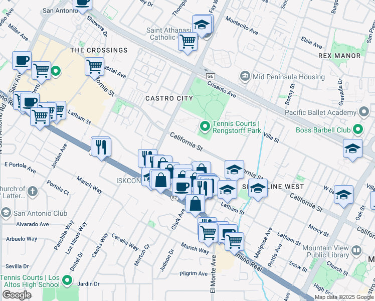 map of restaurants, bars, coffee shops, grocery stores, and more near 2025 California Street in Mountain View