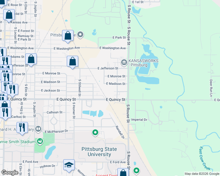 map of restaurants, bars, coffee shops, grocery stores, and more near 900-998 E Madison St in Pittsburg