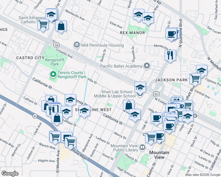 map of restaurants, bars, coffee shops, grocery stores, and more near 1630 Villa Street in Mountain View