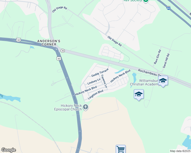 map of restaurants, bars, coffee shops, grocery stores, and more near 3324 Geddy Terrace in Toano