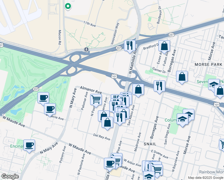 map of restaurants, bars, coffee shops, grocery stores, and more near N Mathilda Ave in Sunnyvale