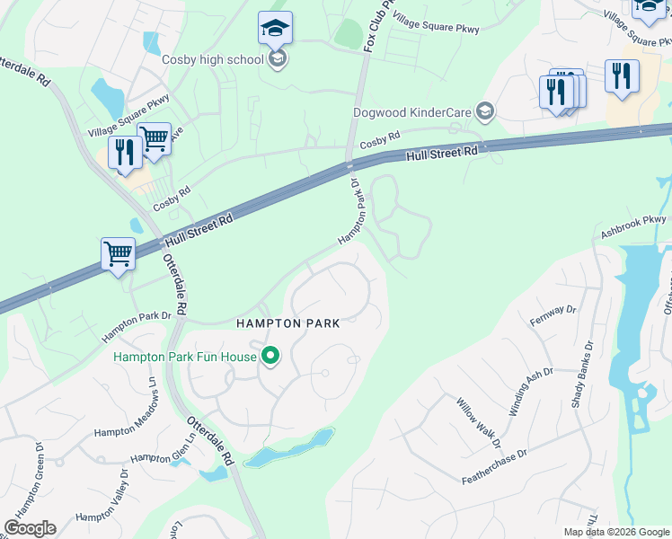 map of restaurants, bars, coffee shops, grocery stores, and more near 8312 Hampton Crest Circle in Chesterfield