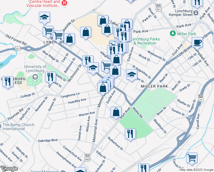 map of restaurants, bars, coffee shops, grocery stores, and more near 3001 Memorial Avenue in Lynchburg