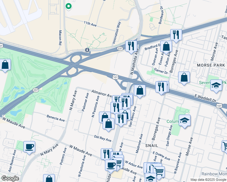 map of restaurants, bars, coffee shops, grocery stores, and more near 525 Almanor Avenue in Sunnyvale