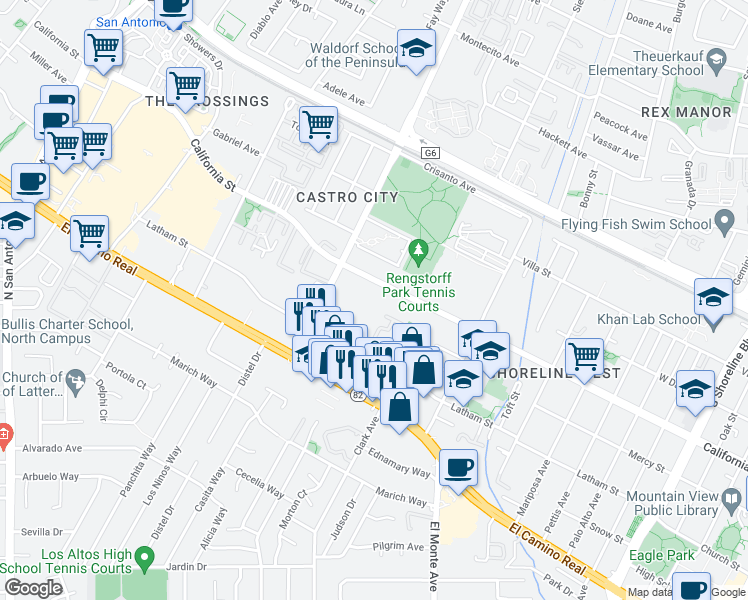 map of restaurants, bars, coffee shops, grocery stores, and more near 2025 California Street in Mountain View
