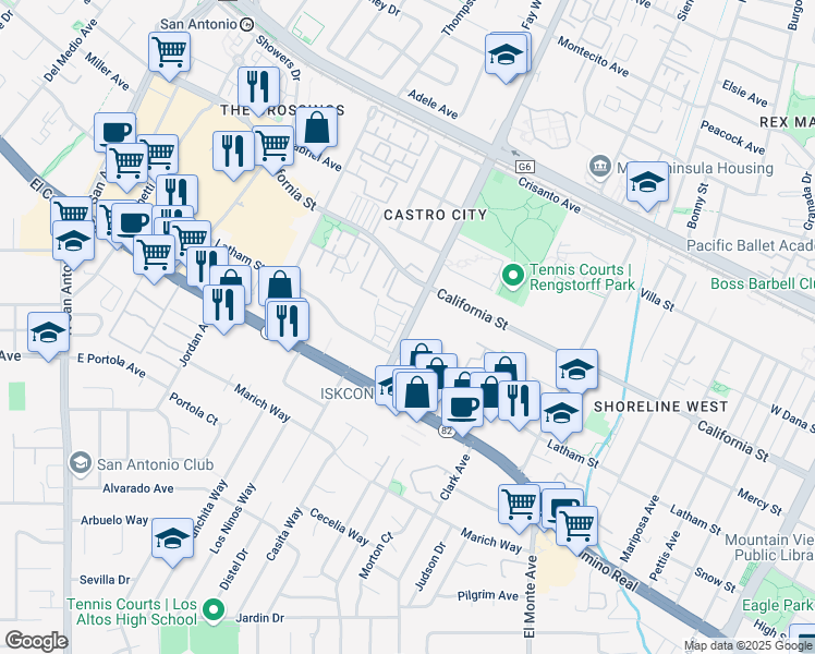map of restaurants, bars, coffee shops, grocery stores, and more near 598 South Rengstorff Avenue in Mountain View