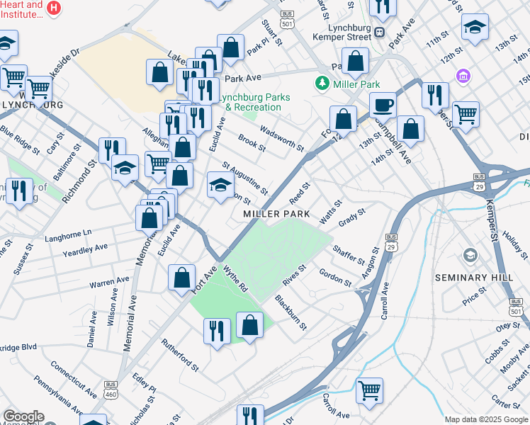 map of restaurants, bars, coffee shops, grocery stores, and more near 2740 Fort Avenue in Lynchburg