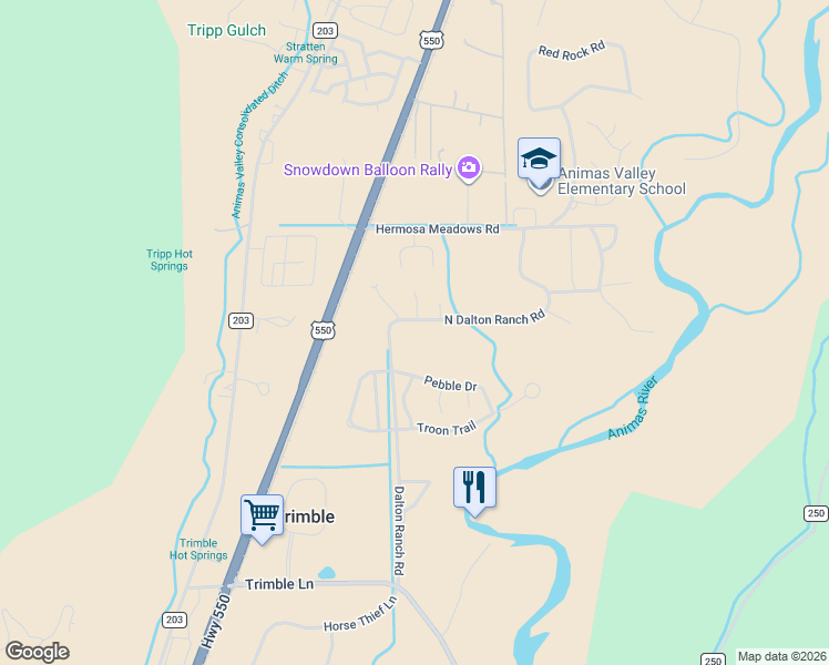 map of restaurants, bars, coffee shops, grocery stores, and more near 798 North Dalton Ranch Road in Durango