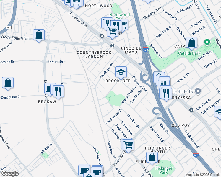 map of restaurants, bars, coffee shops, grocery stores, and more near 1781 Olivetree Drive in San Jose