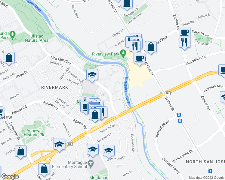 map of restaurants, bars, coffee shops, grocery stores, and more near 496 Mansion Park Drive in Santa Clara