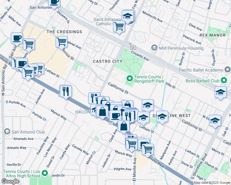 map of restaurants, bars, coffee shops, grocery stores, and more near 2025 California Street in Mountain View