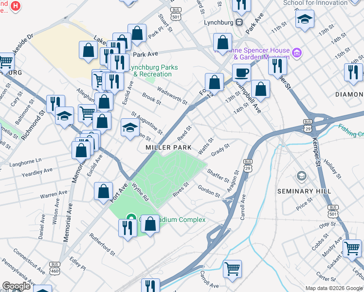 map of restaurants, bars, coffee shops, grocery stores, and more near 1301 Kimball Avenue in Lynchburg