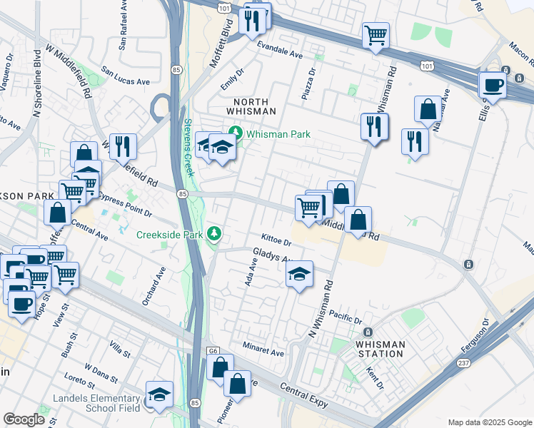 map of restaurants, bars, coffee shops, grocery stores, and more near 99 East Middlefield Road in Mountain View