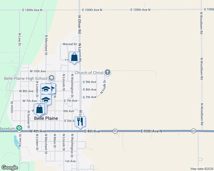 map of restaurants, bars, coffee shops, grocery stores, and more near 828 North Foulk Drive in Belle Plaine
