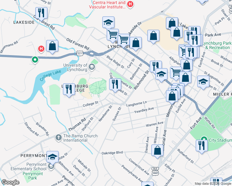 map of restaurants, bars, coffee shops, grocery stores, and more near 1 College Drive in Lynchburg