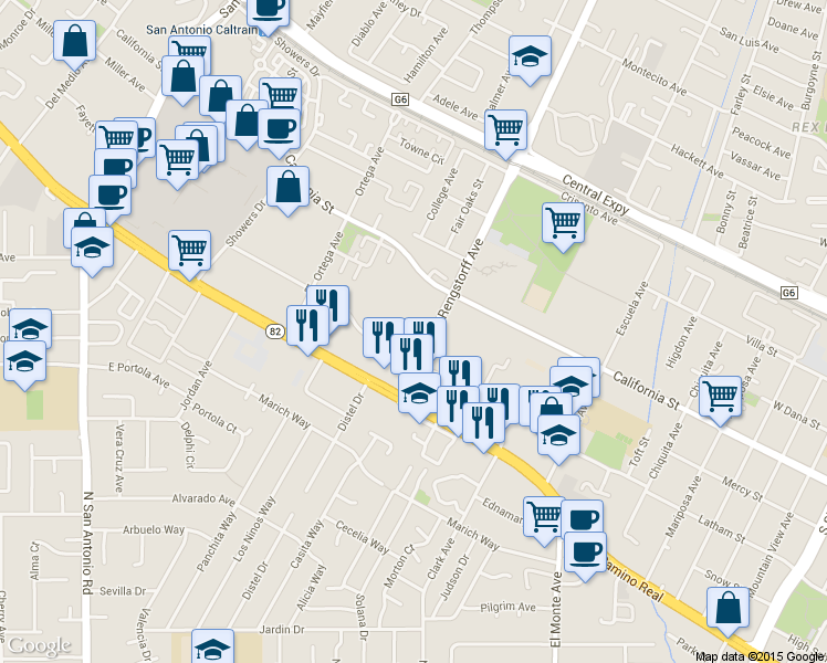 map of restaurants, bars, coffee shops, grocery stores, and more near 570 South Rengstorff Avenue in Mountain View
