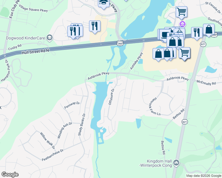 map of restaurants, bars, coffee shops, grocery stores, and more near 14701 Inlet Court in Chesterfield