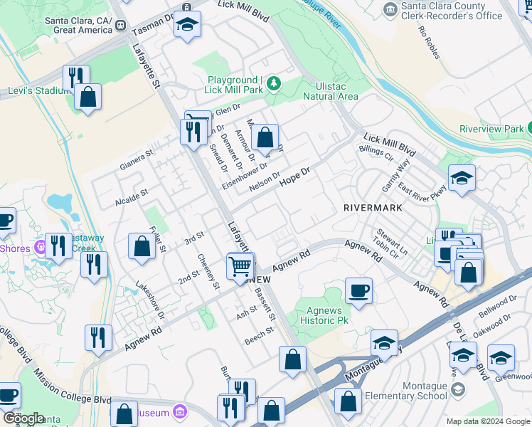 map of restaurants, bars, coffee shops, grocery stores, and more near 1890 Garzoni Place in Santa Clara