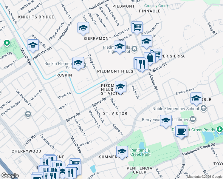 map of restaurants, bars, coffee shops, grocery stores, and more near 3106 Vesuvius Lane in San Jose