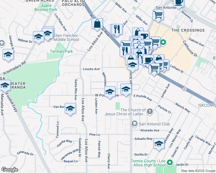 map of restaurants, bars, coffee shops, grocery stores, and more near Del Monte Avenue in Los Altos