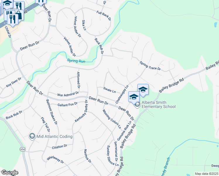 map of restaurants, bars, coffee shops, grocery stores, and more near 13630 Swale Lane in Midlothian
