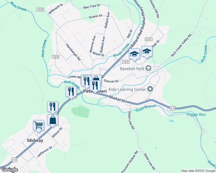 map of restaurants, bars, coffee shops, grocery stores, and more near 165 Race Street in Peterstown