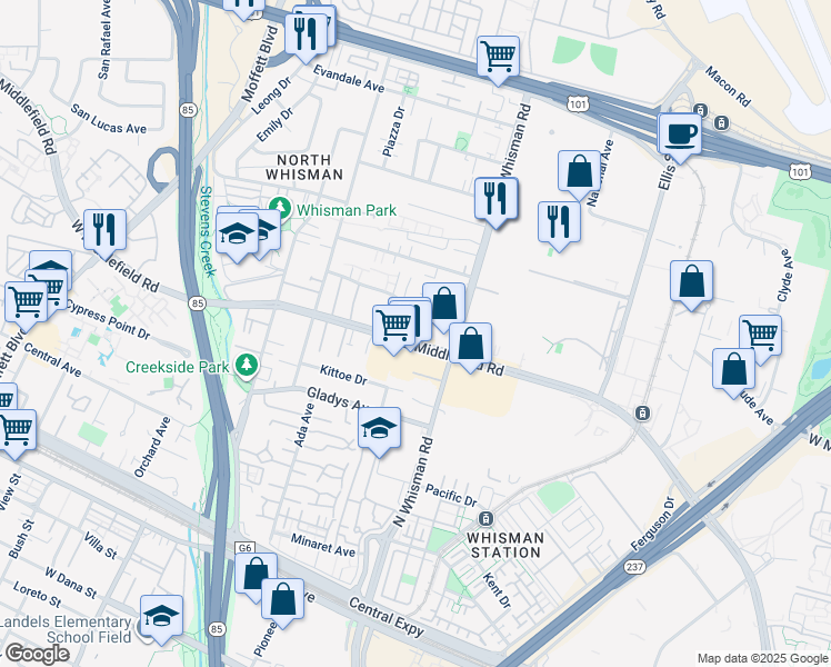 map of restaurants, bars, coffee shops, grocery stores, and more near 236 E Middlefield Rd in Mountain View