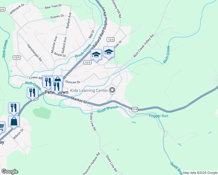 map of restaurants, bars, coffee shops, grocery stores, and more near 220 Thomas St in Peterstown